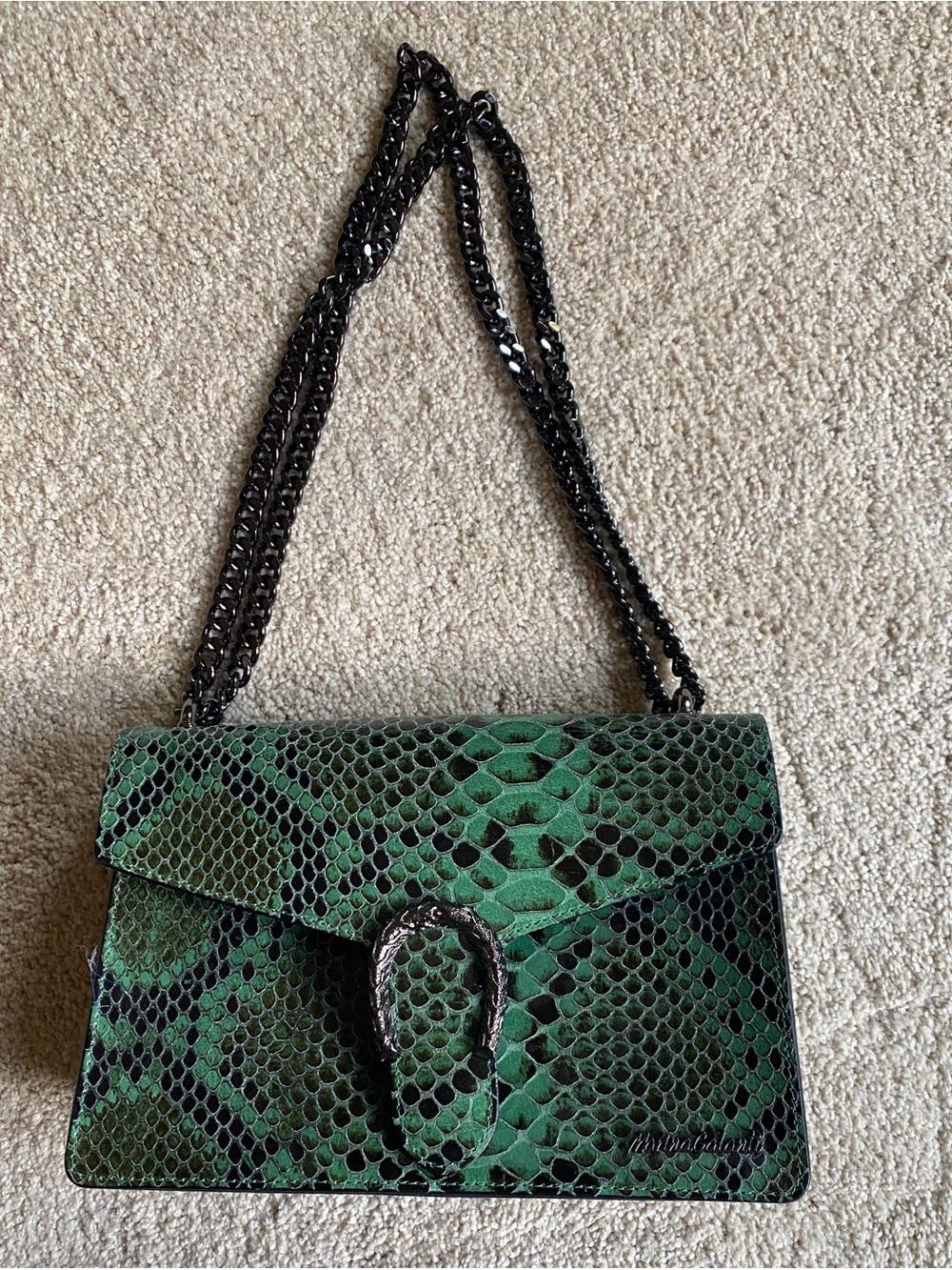 Green Snake-Embossed Crossbody Bag with Chain Strap